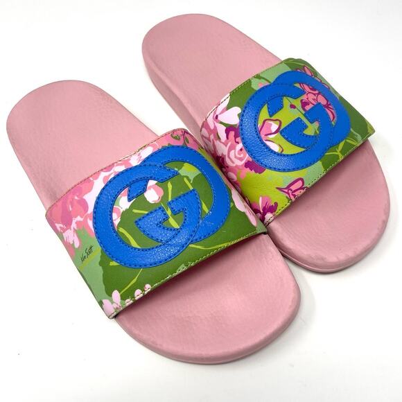 Gucci x Ken Scott GG Pursuit Floral Print Slide Slip On Flat Sandals Pink EU 37 - Picture 5 of 15